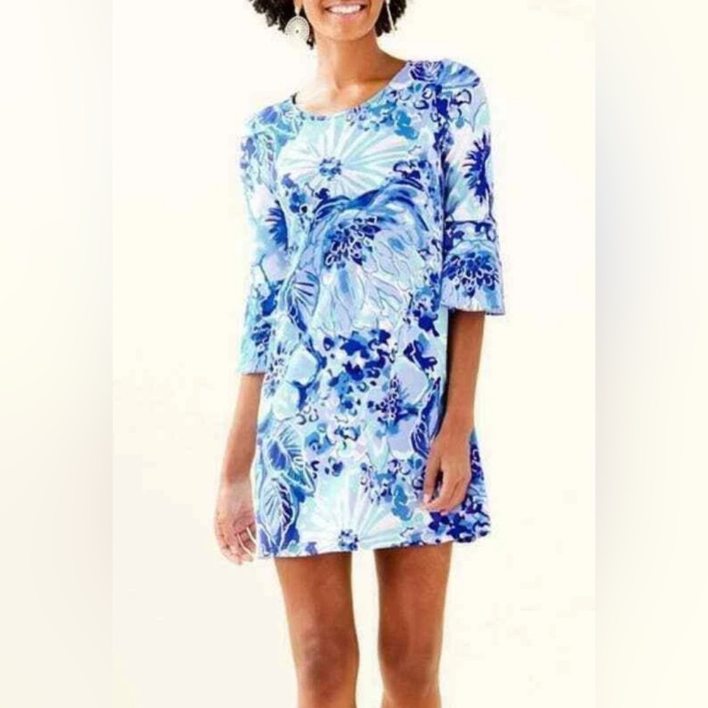 Lilly Pulitzer Women’s Classic Blue Floral Bell Sleeve Ophelia‎ Dress Size Med